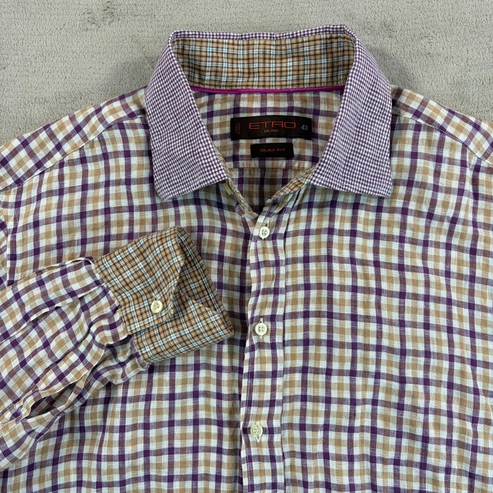 ETRO Milano Slim Fit Dress Shirt 43 Multi Plaid 100% Linen Italy Contras Collar